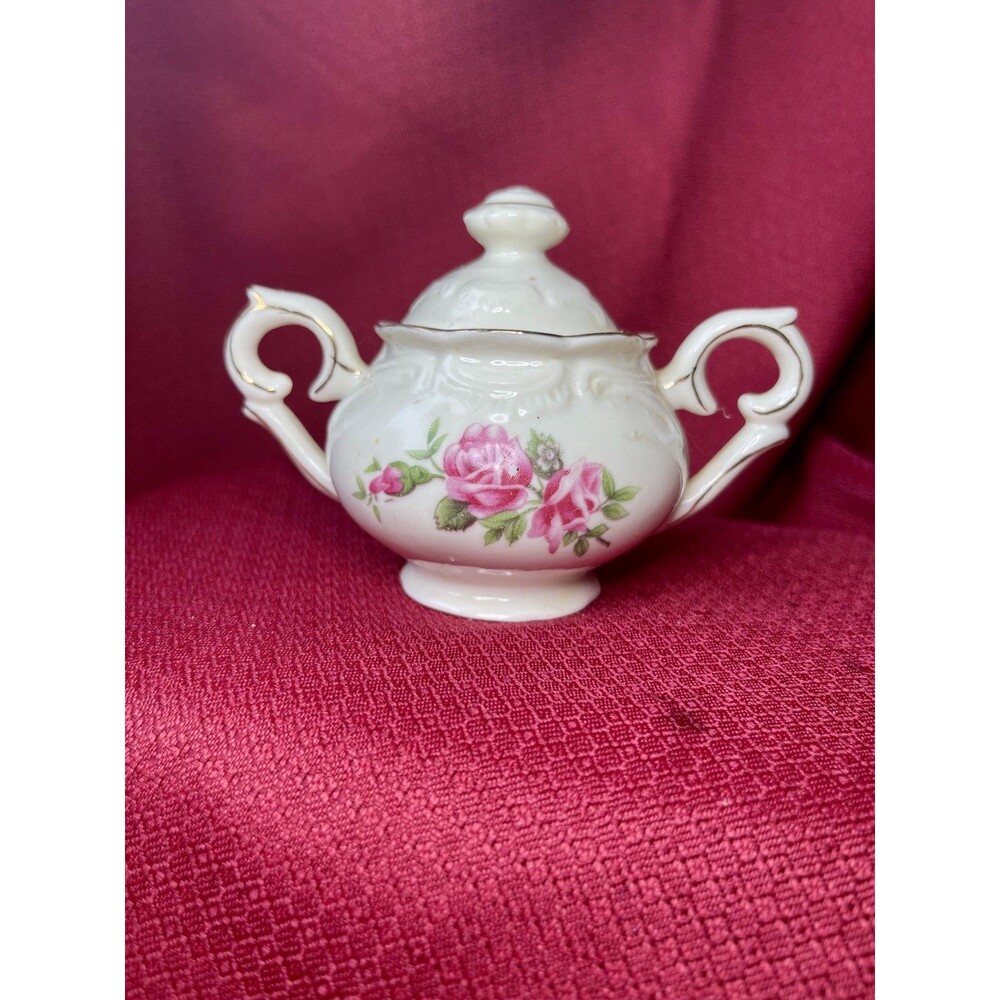 Vintage Porcelain Pink Floral  Sugar Bowl w/Gold Trim with lid
